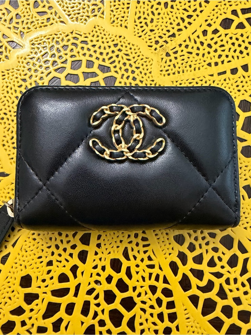 CHANEL Lambskin Quilted Chanel 19 Zip Around Coin Purse Wallet Black